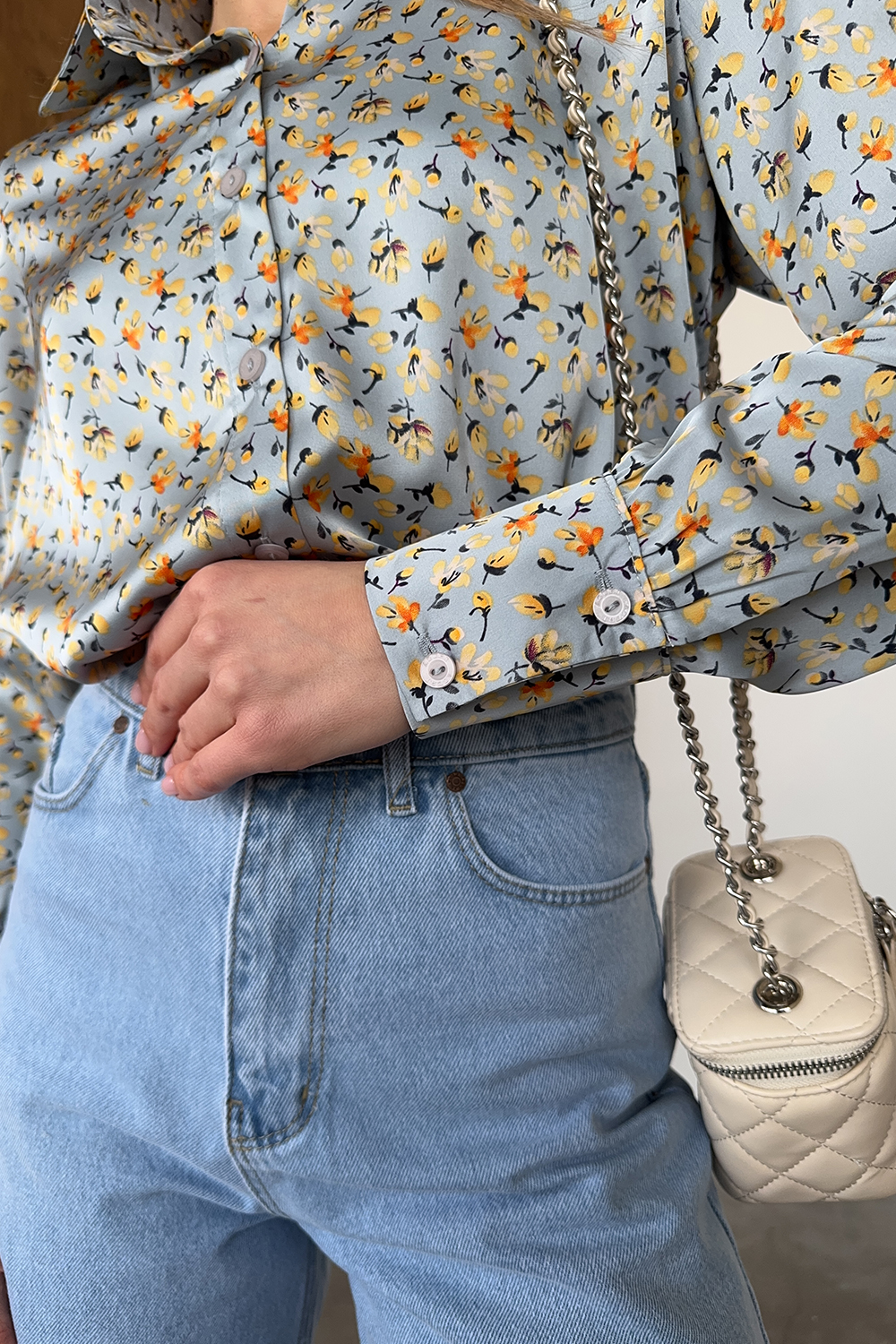 Blue loose blouse with long sleeves