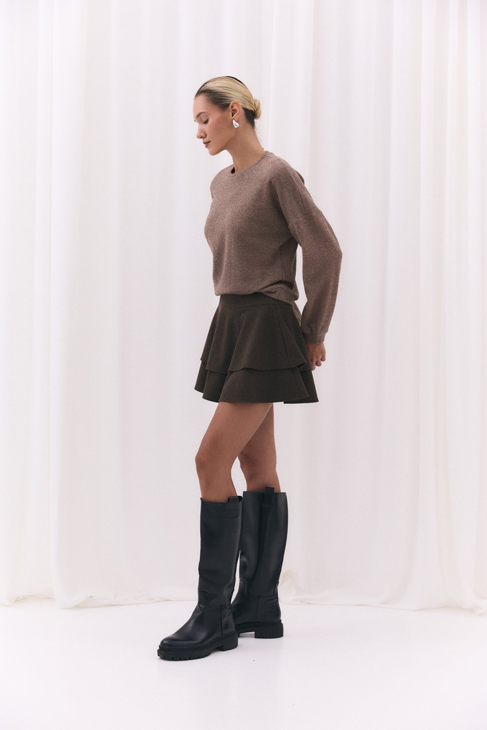 Chocolate knitted skirt with double half-sun skirt