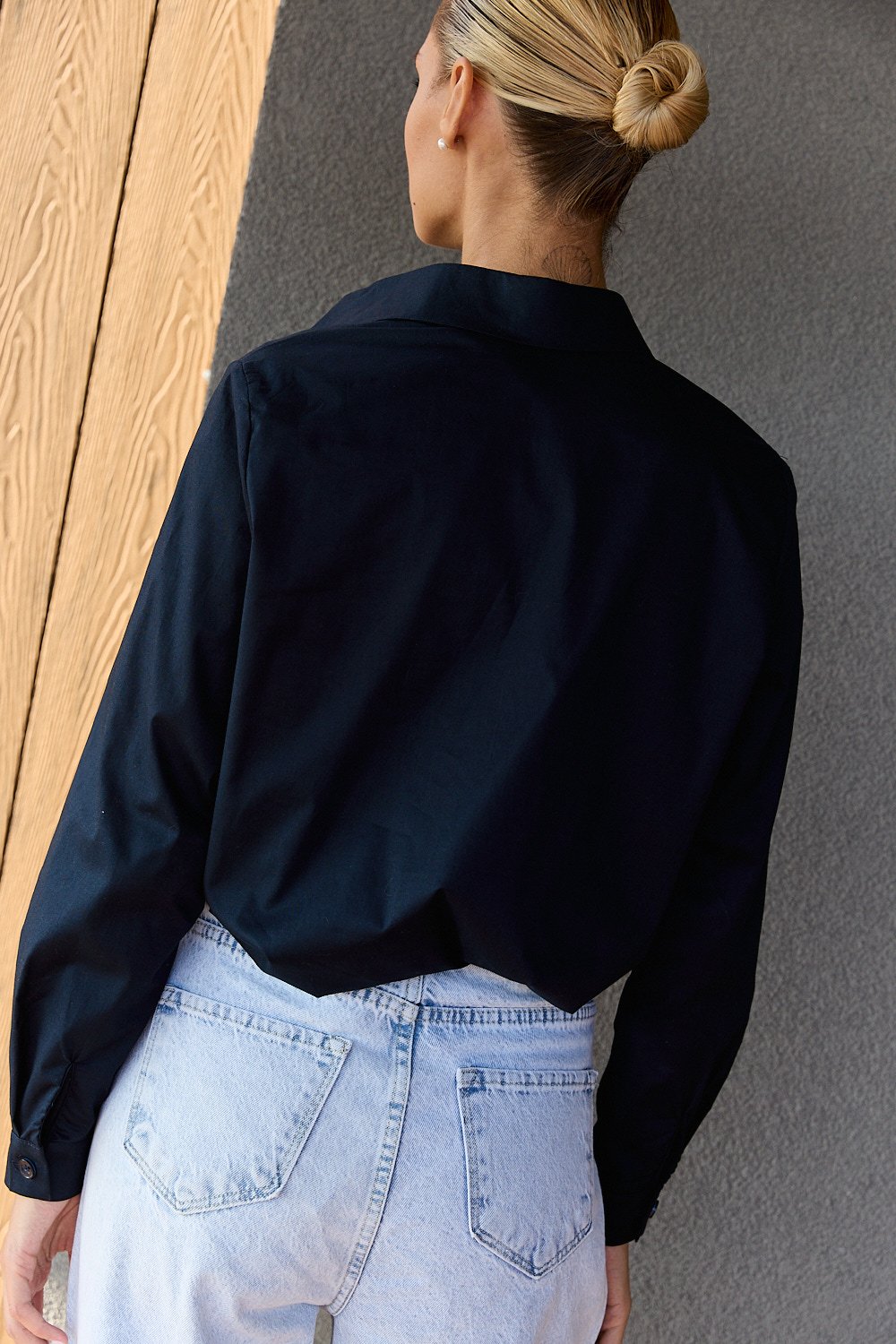 Dark blue cotton shirt with functional buttons on the sides