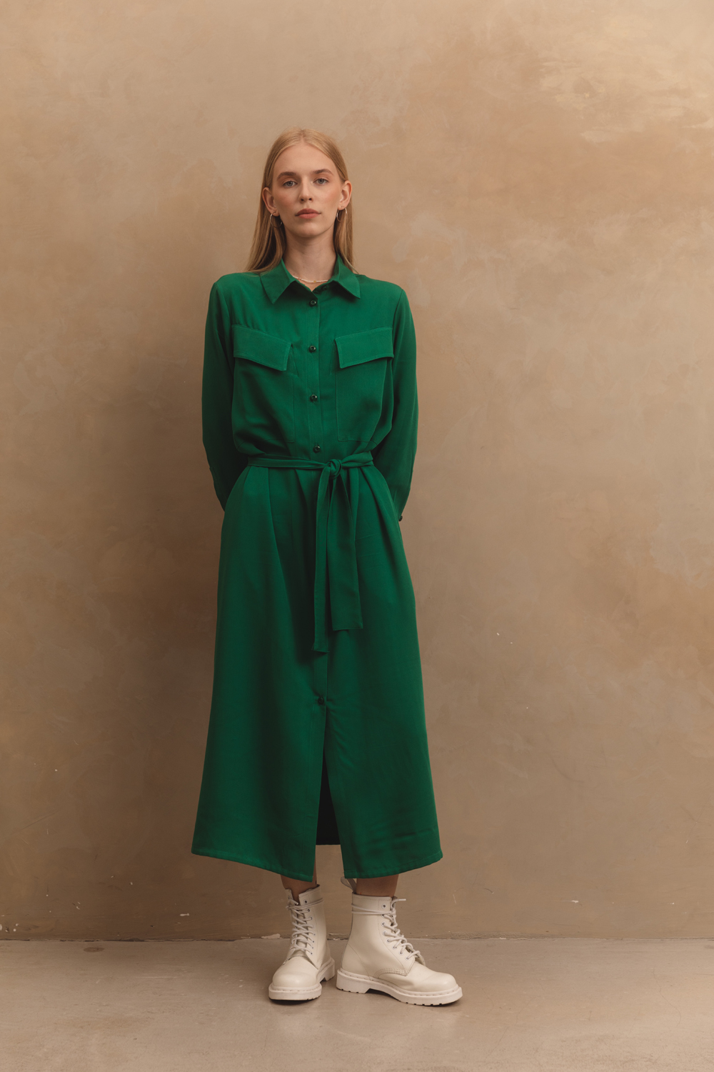 Green slip dress with patch pockets