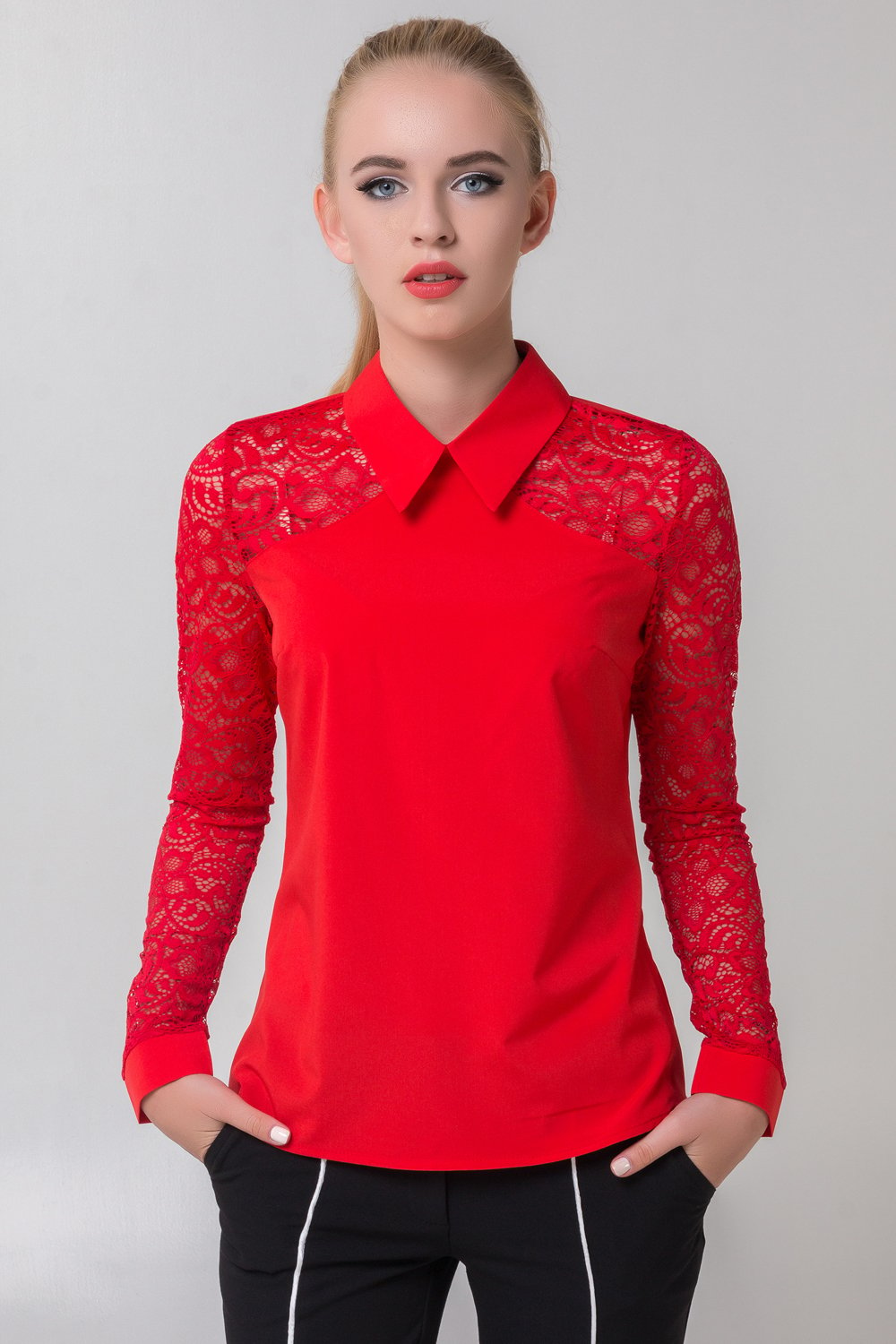 Red blouse with guipure sleeves