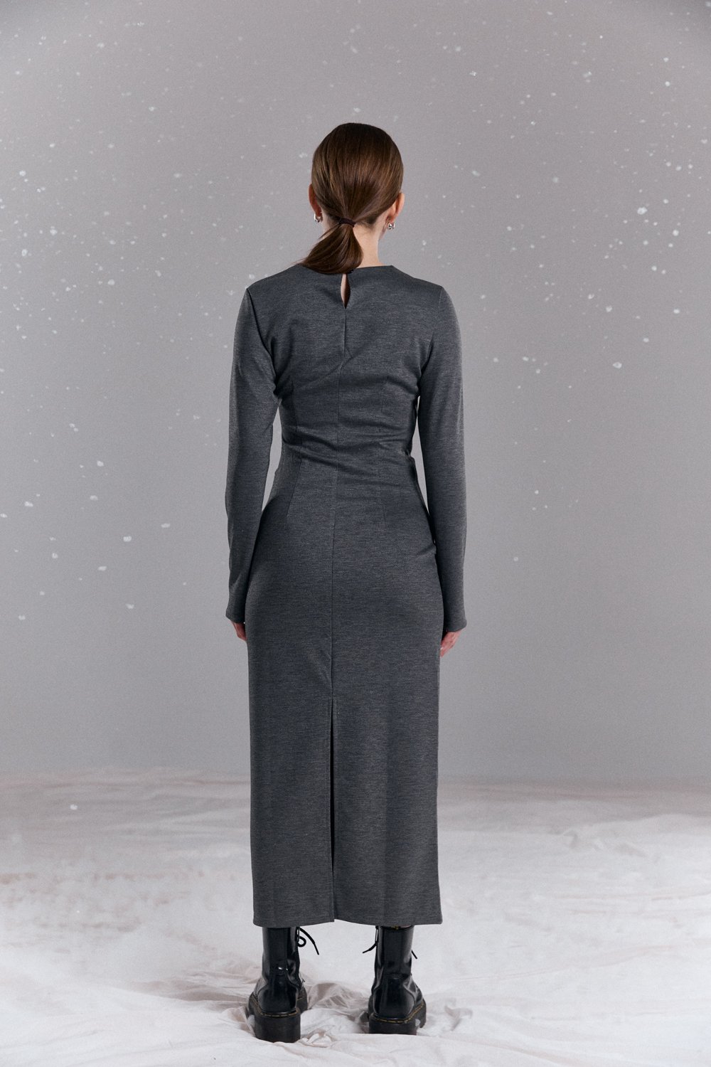 Gray dress with asymmetrical gathers