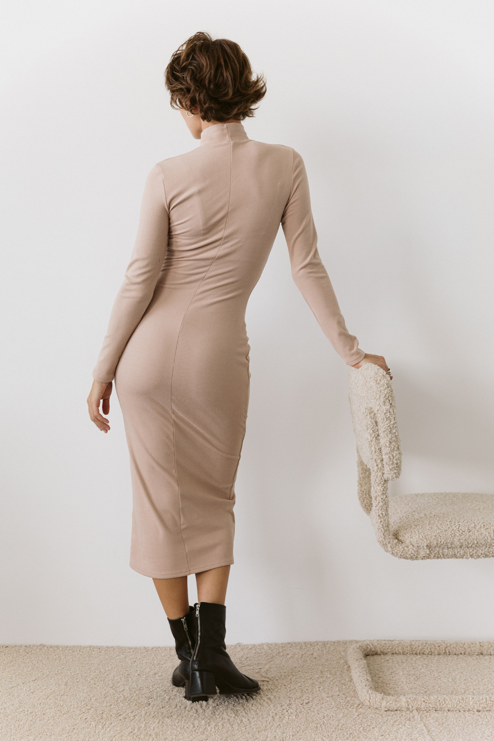 Beige Long Sleeve Silhouette Midi Dress