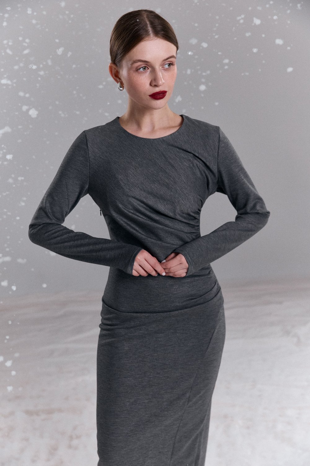 Gray dress with asymmetrical gathers