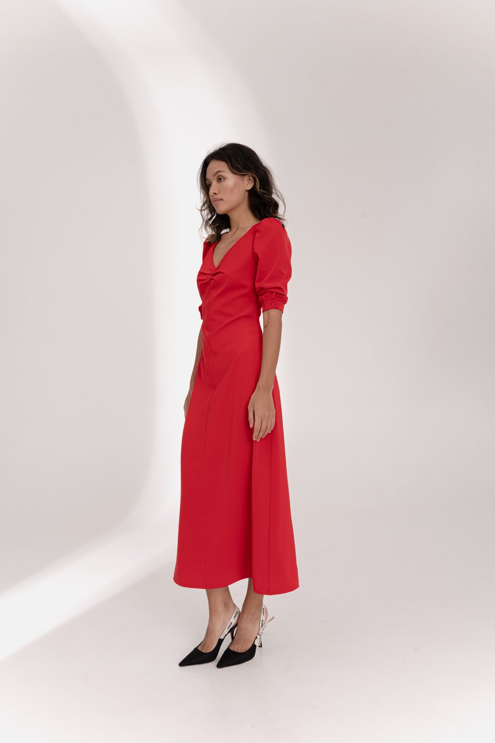 Red flowy dress with ruching at the chest