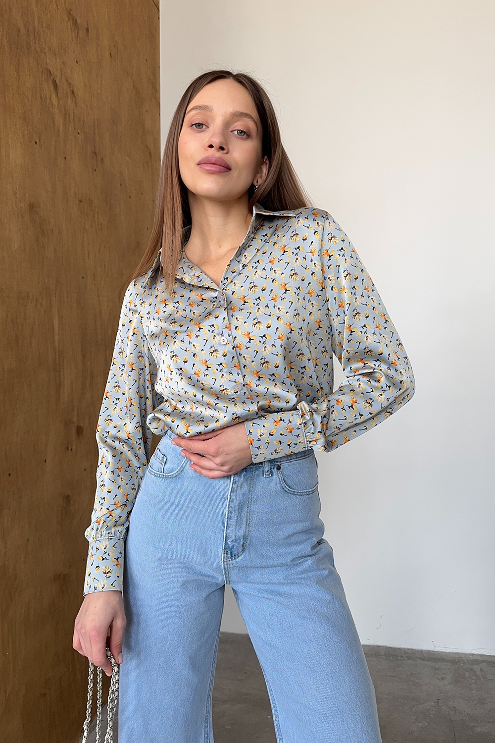 Blue loose blouse with long sleeves