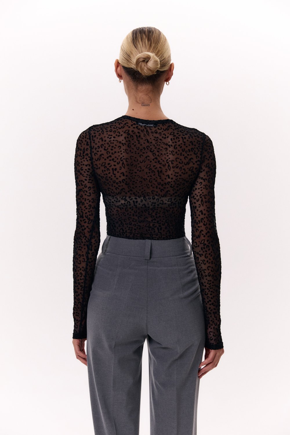 Black mesh bodysuit with flock pattern