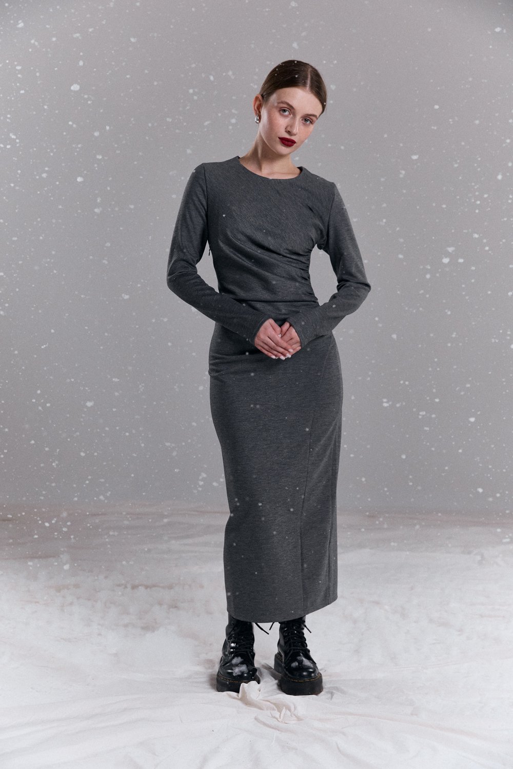 Gray dress with asymmetrical gathers