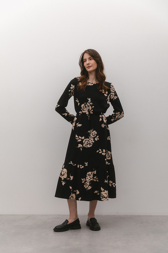 Floral print midi dress in gold tone