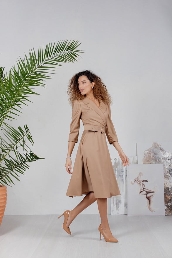 Beige midi dress with English collar