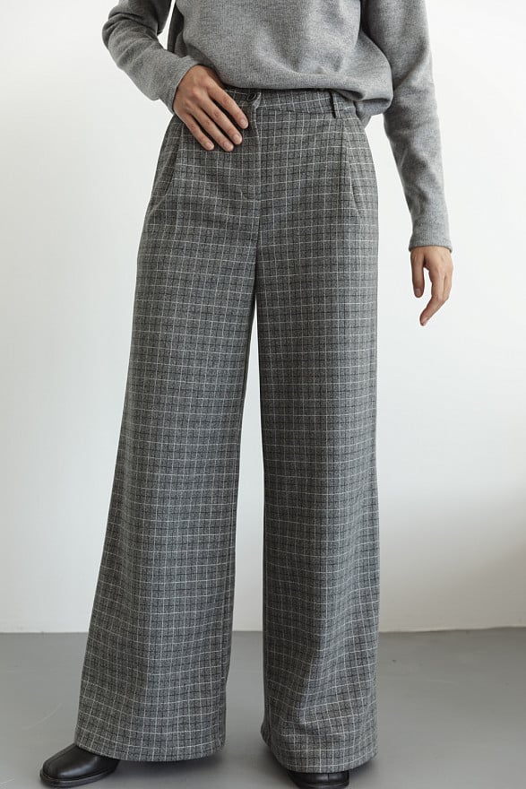 Gray Checked Wide Leg Palazzo Pants