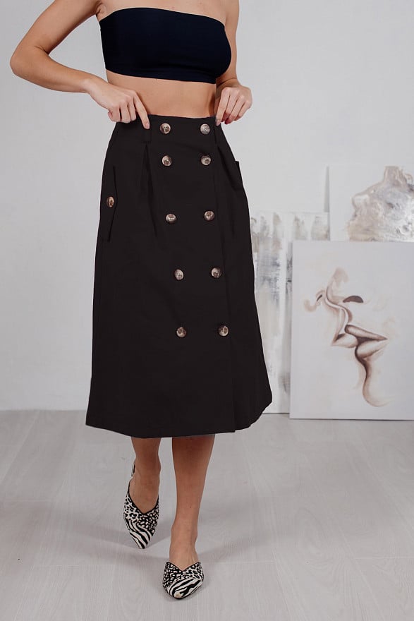 Black denim skirt with buttons and side pockets