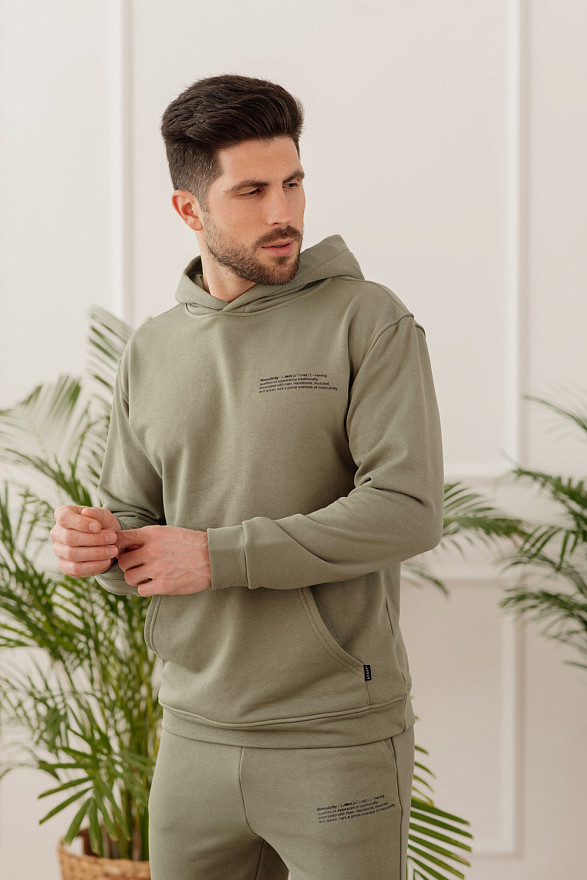 Khaki sweatshirt with slogan and kangaroo pocket