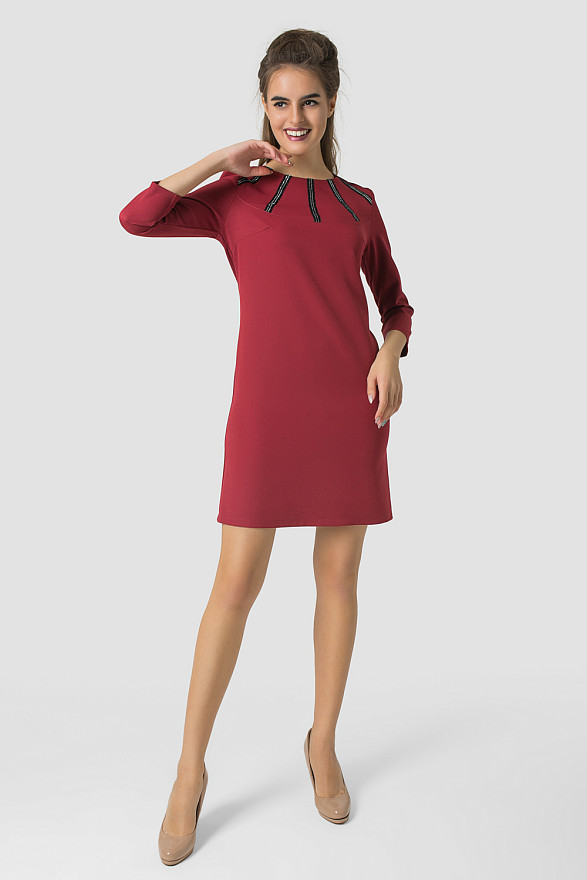 Dress with decorative trim in burgundy