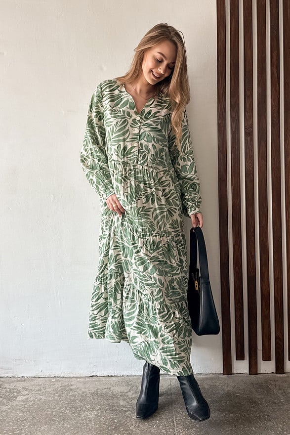 Green Maxi Dress with Ruffles and Buttons