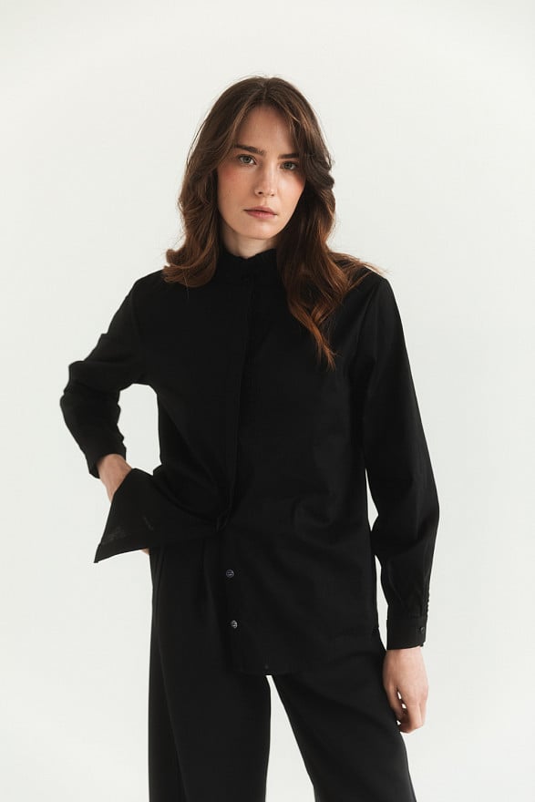 Black shirt with stand-up collar