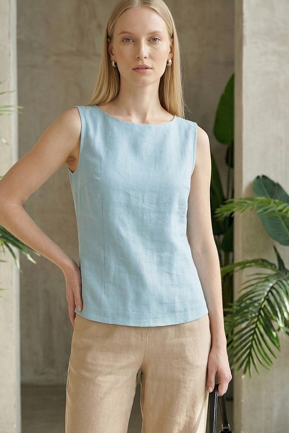 Бірюзовий лляний топ із розрізами