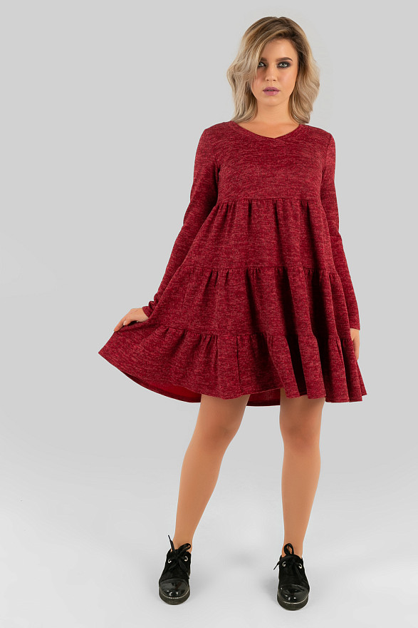 Knit dress with angora ruffles in burgundy colour