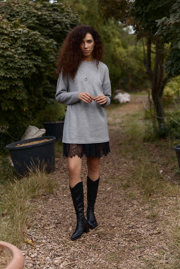 Gray Angora Dress with Lace Skirt