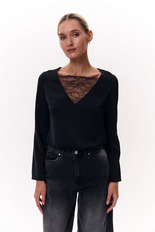 Black Crinkled Satin Blouse with Lace Insert