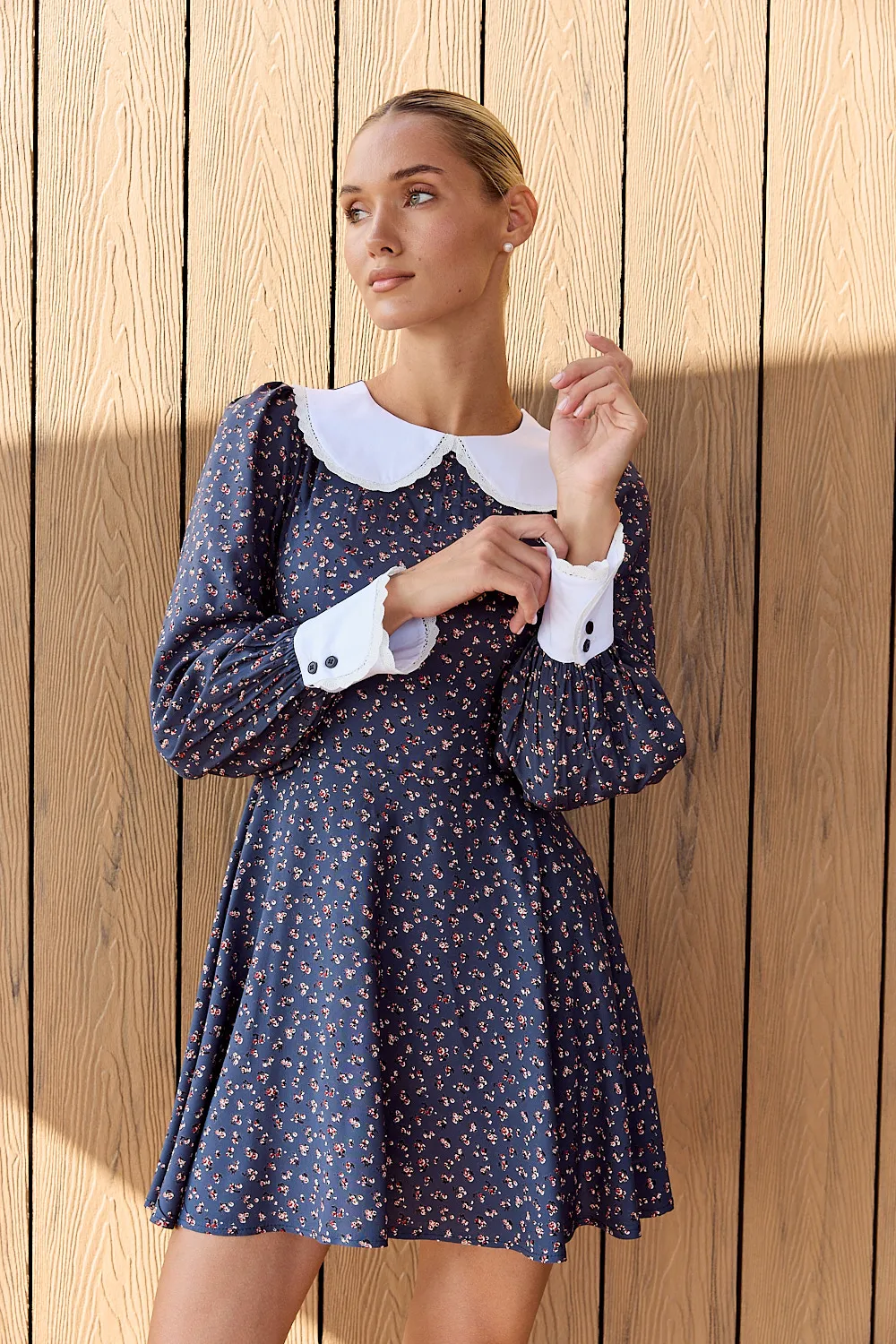 Blue semi-fitted dress with a half-sun skirt and puffy sleeves with cuffs