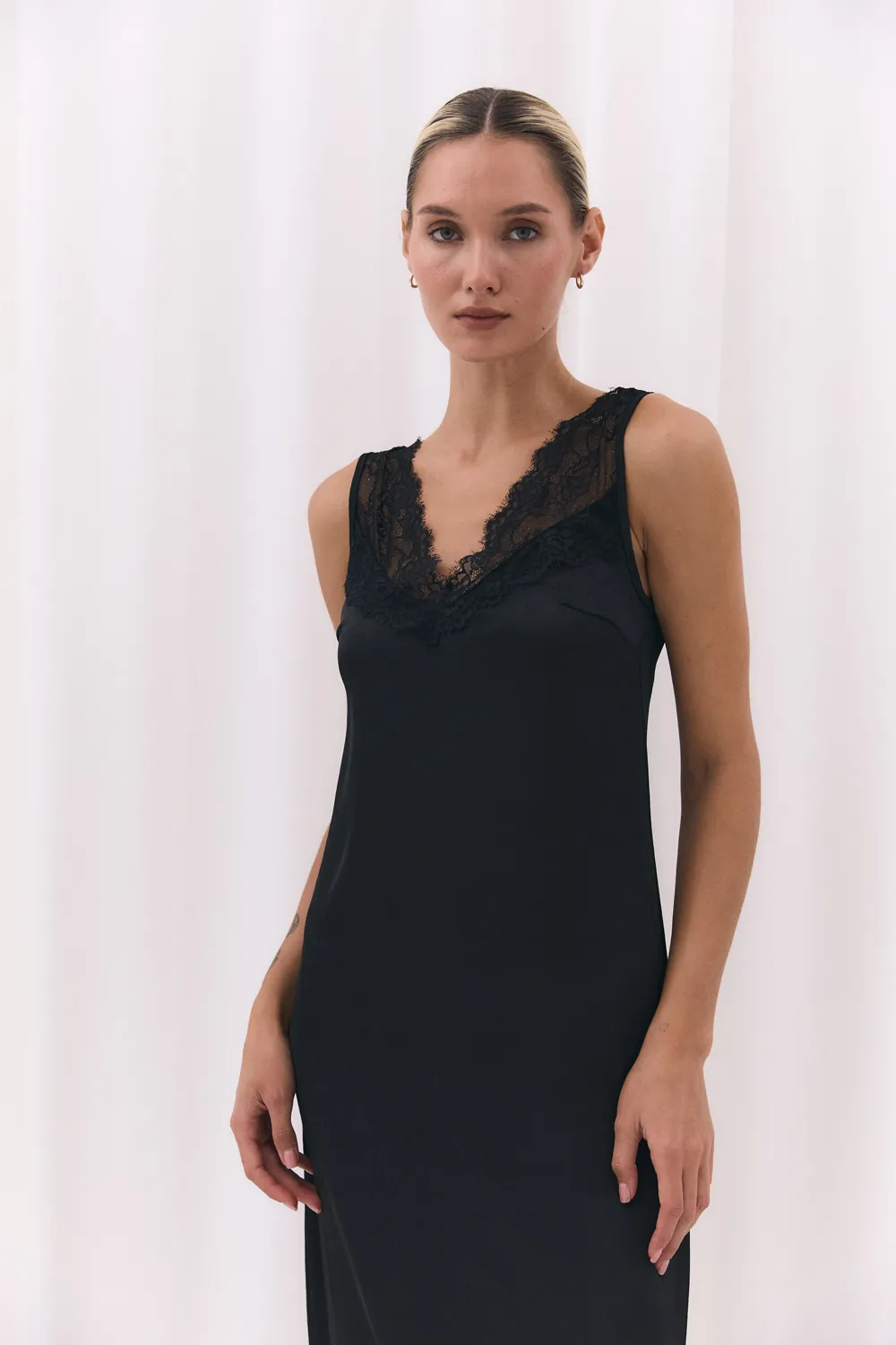 Black satin dress with lace trim