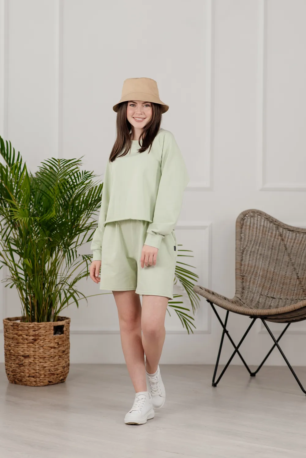 Olive Cotton Suit with Longline Shorts