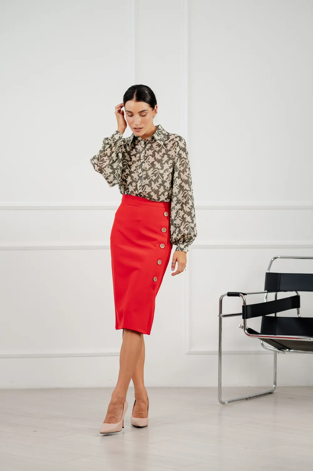 Red pencil skirt below the knee