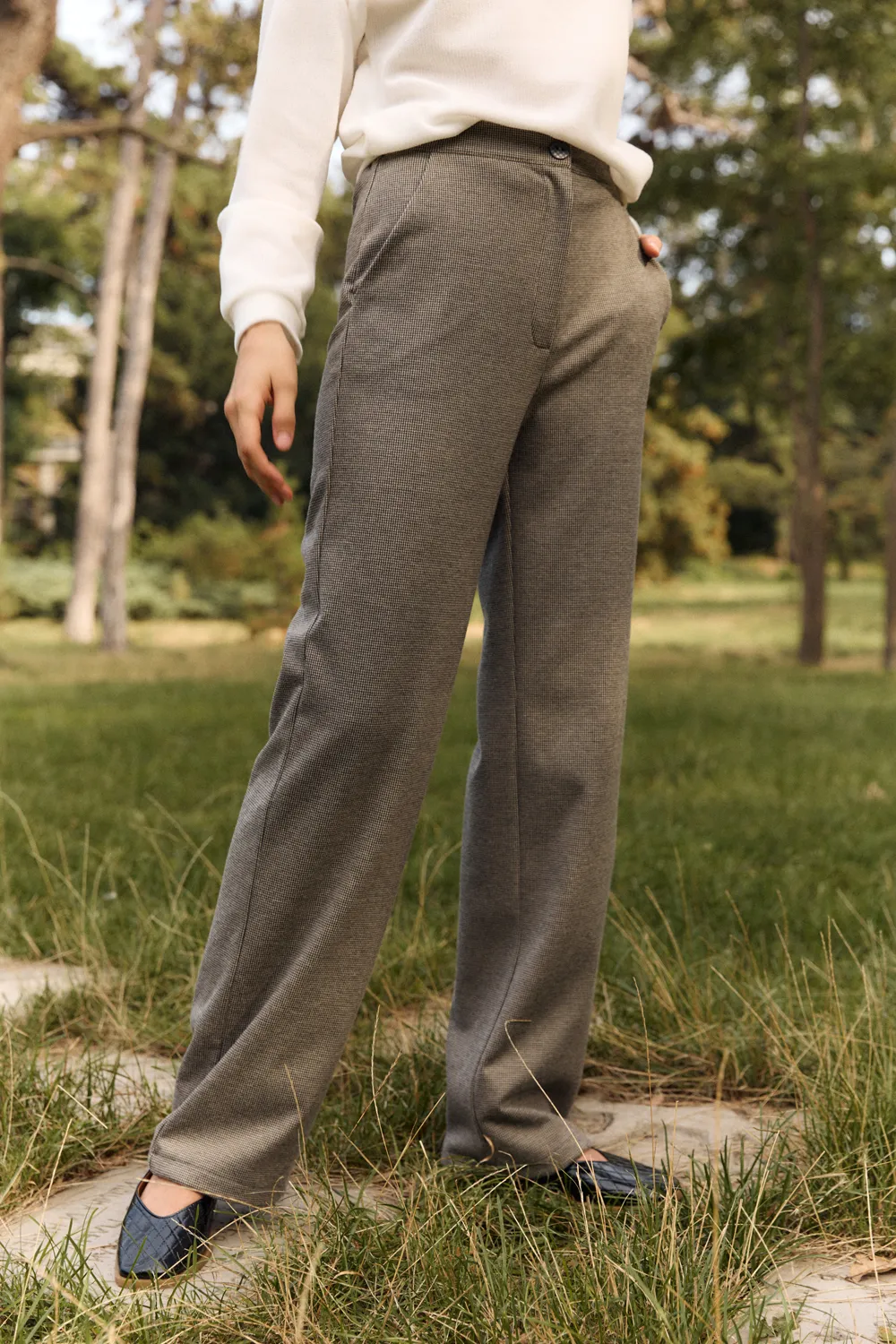 Gray straight leg trousers