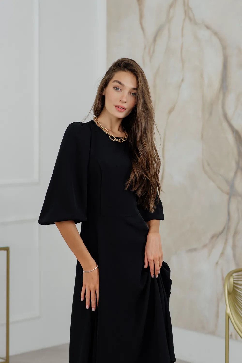 Black midi dress with wide skirt