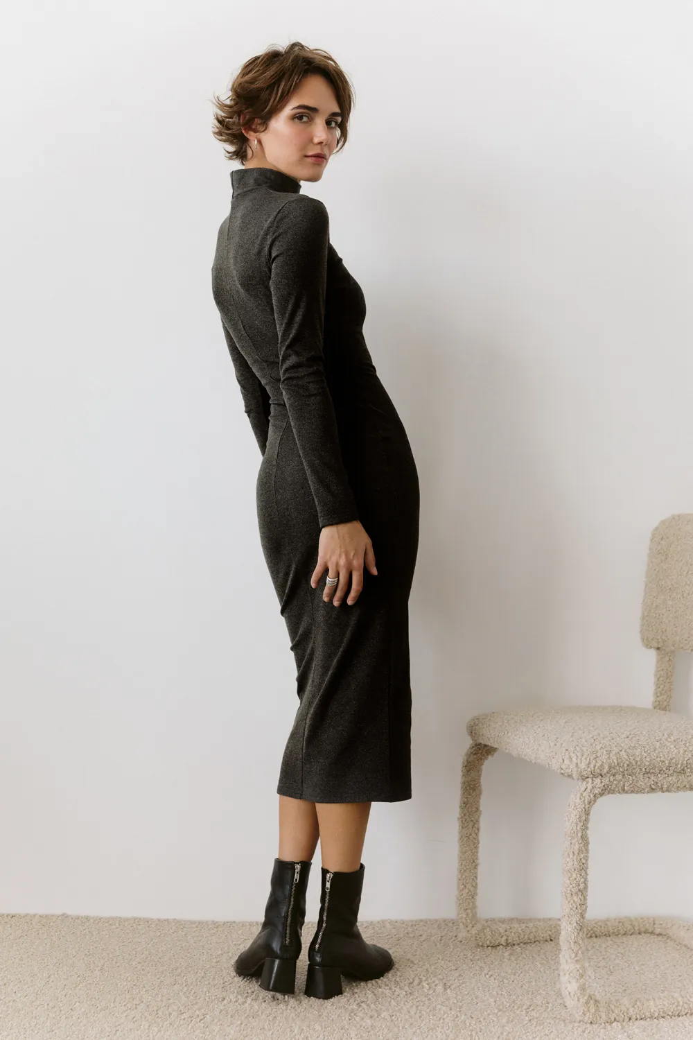 Black Long Sleeve Silhouette Midi Dress